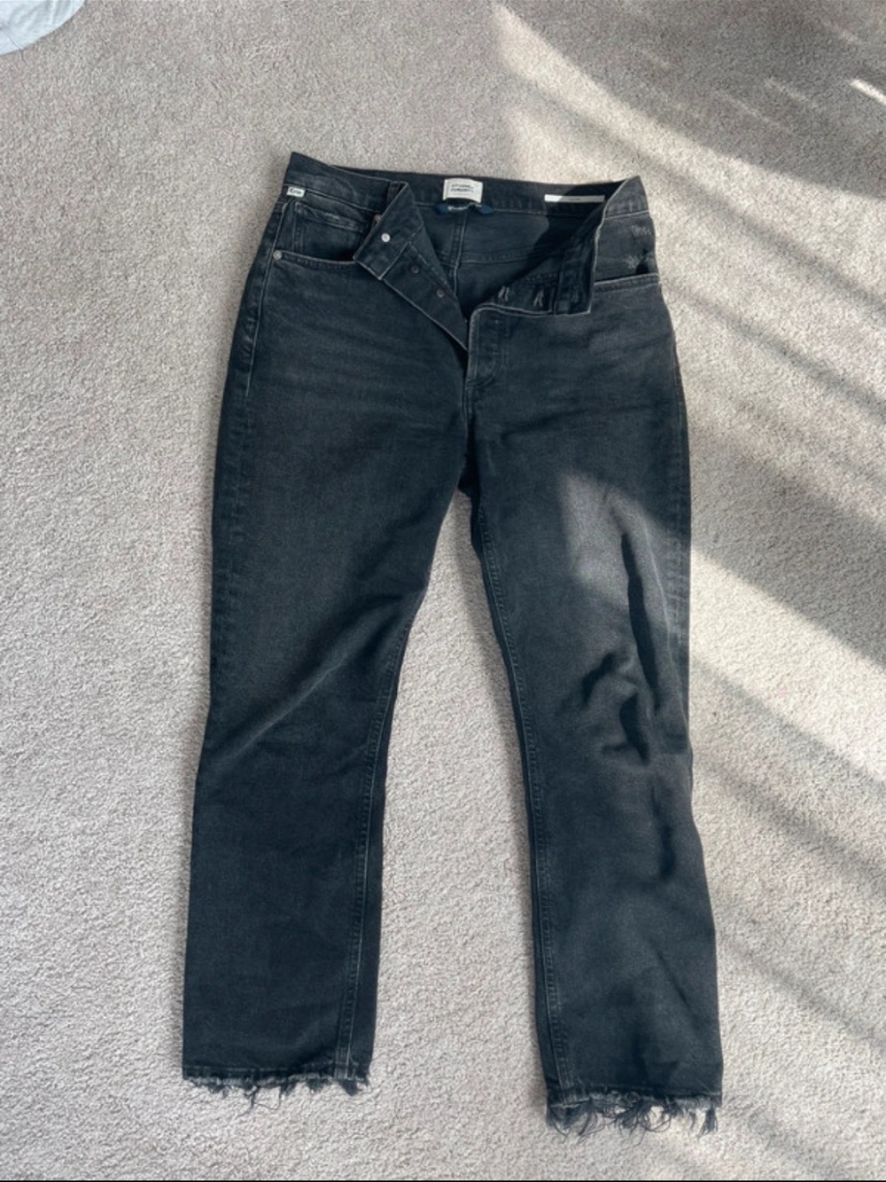 Citizens Of Humanity Black Straight Leg Jeans with Frayed Hem